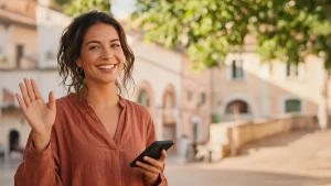 Mujer sonriente saluda con la mano en una plaza soleada de barrio con el teléfono en la otra mano