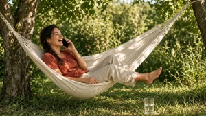 Mujer recostada en una hamaca en un jardín verde ríe mientras habla por teléfono