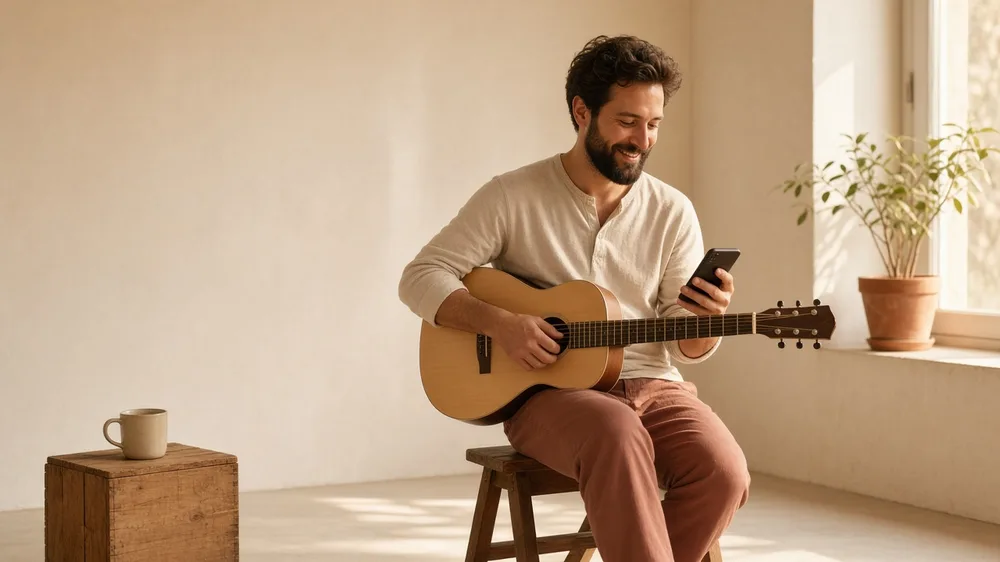 Hombre con una guitarra acústica en las piernas sonríe al leer un mensaje en el teléfono en una habitación luminosa