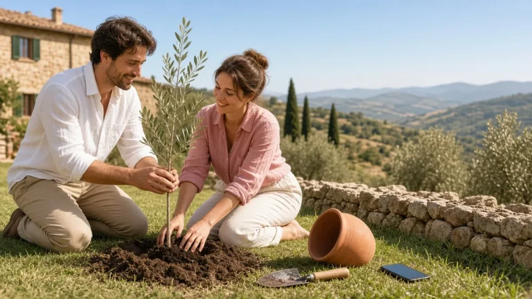Coppia pianta insieme un giovane ulivo nel giardino assolato di una casa di campagna toscana, con le colline sullo sfondo