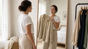 Mujer elige una chaqueta frente a un espejo en un dormitorio luminoso antes de una cita