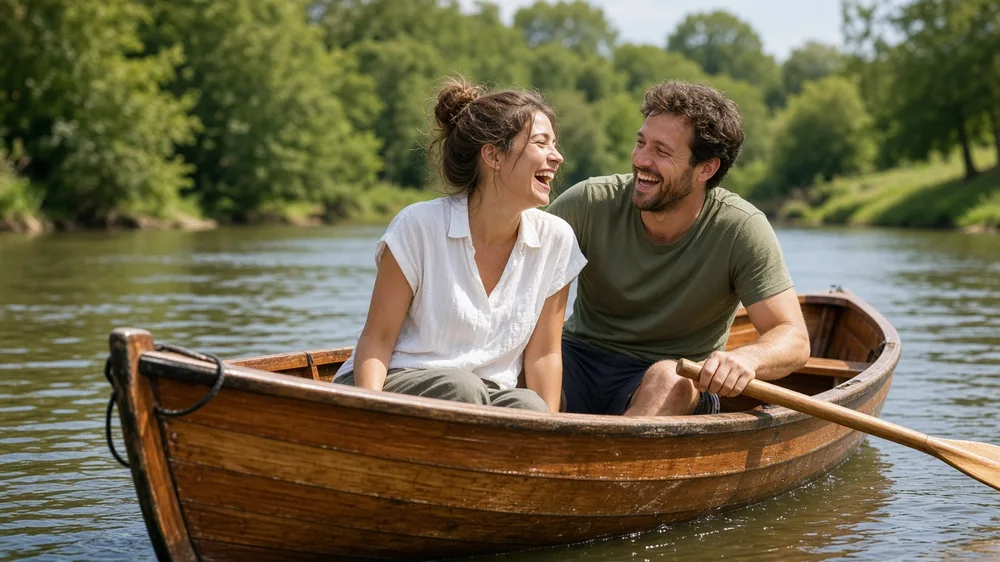 Pareja ríe en una pequeña barca de remos de madera en un río tranquilo y soleado
