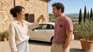 Donna porge al compagno una chiave d'auto legata con un nastro nel cortile assolato di un casale toscano