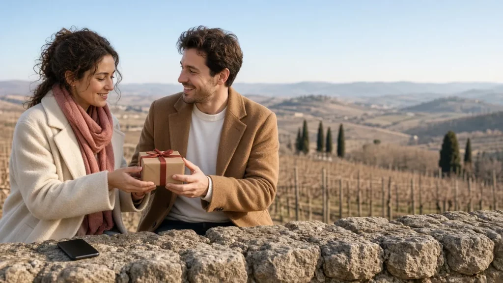 Una donna porge un piccolo regalo incartato al partner accanto a un muretto di pietra, con vigneti invernali e colline sullo sfondo