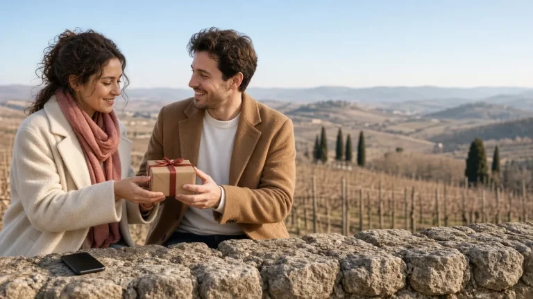 Una donna porge un piccolo regalo incartato al partner accanto a un muretto di pietra, con vigneti invernali e colline sullo sfondo