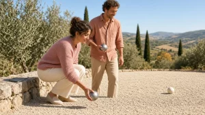 Coppia gioca a bocce su un campo di ghiaia accanto a un muretto di pietra, con ulivi e colline toscane sullo sfondo