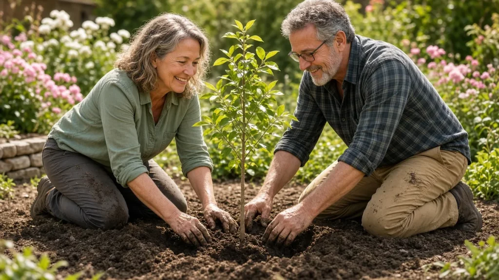 Pareja de unos cincuenta y tantos planta junta un árbol joven