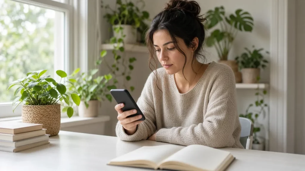 Mujer revisa su teléfono con expresión pensativa en un escritorio luminoso junto a la ventana