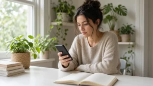 Mujer revisa su teléfono con expresión pensativa en un escritorio luminoso junto a la ventana