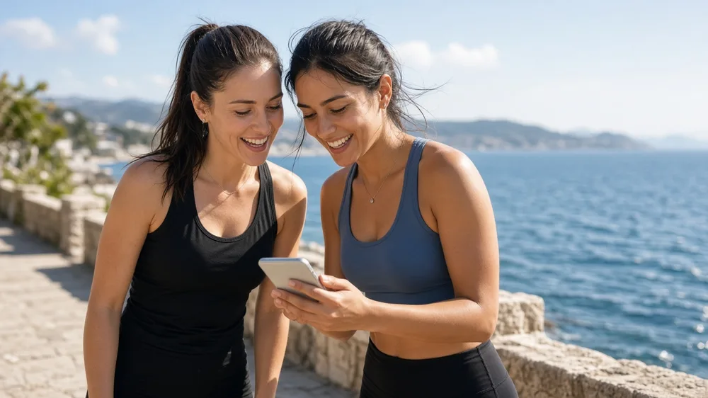 Dos amigas en ropa deportiva sonríen mirando un teléfono en un paseo de piedra junto al mar