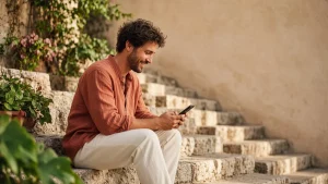 Hombre sonríe con interés mirando su teléfono sentado en una escalera de piedra soleada