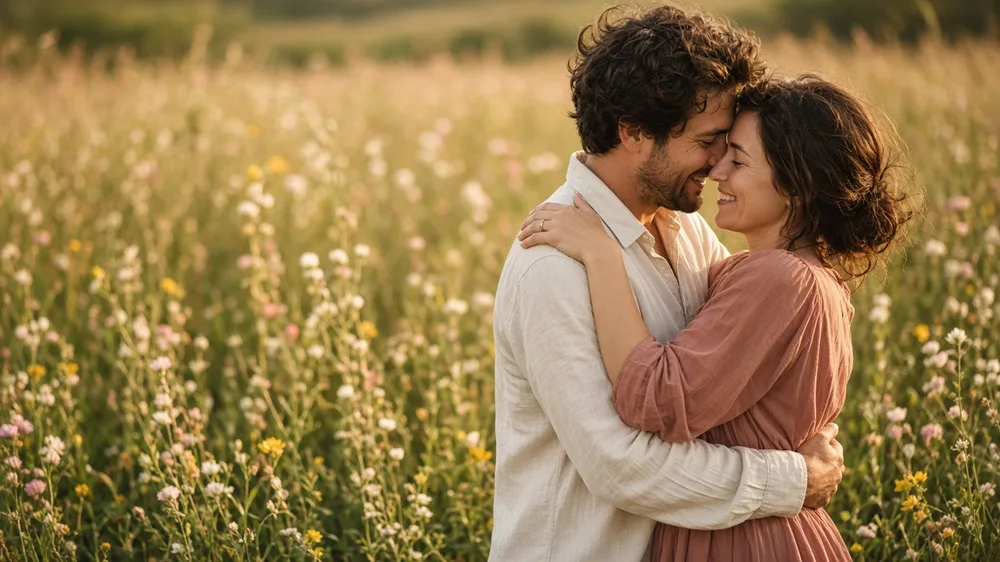 Un hombre y una mujer se abrazan sonrientes en una pradera soleada con flores silvestres