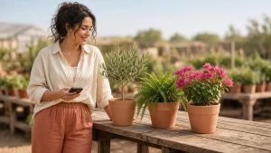 Mujer con el teléfono en la mano compara tres plantas en macetas de barro en un vivero al aire libre