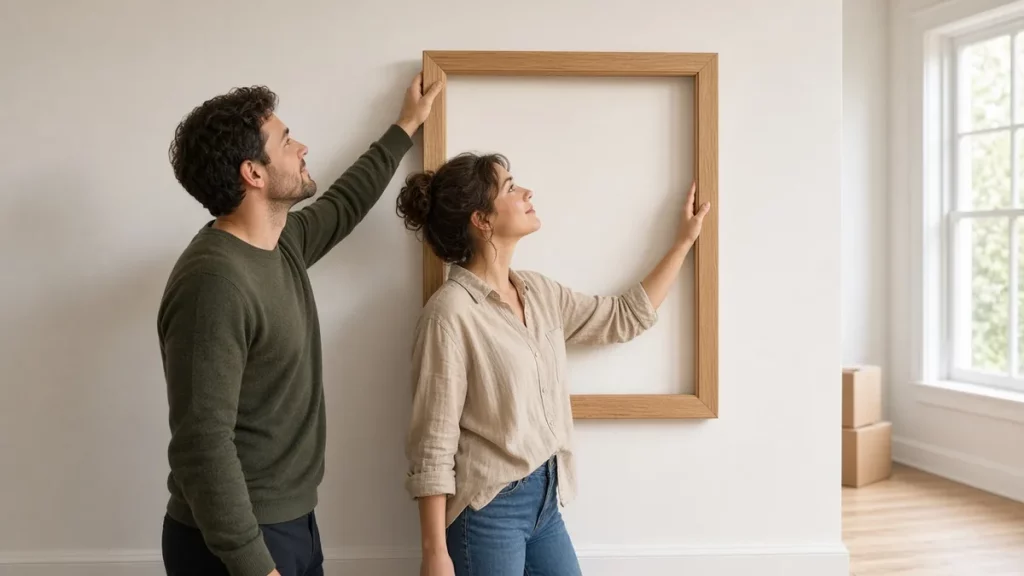 Pareja sostiene un marco de madera vacío en la pared de su nueva casa, con cajas de mudanza alrededor