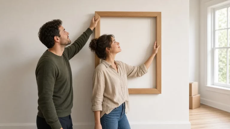 Pareja sostiene un marco de madera vacío en la pared de su nueva casa, con cajas de mudanza alrededor