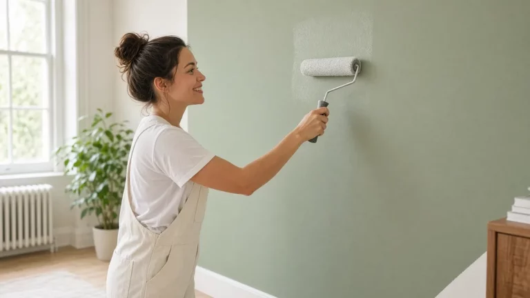 Mujer sonriente pinta una pared de verde suave en su piso luminoso