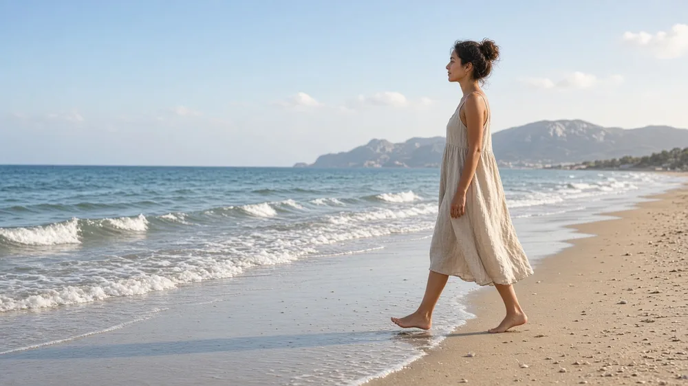 Mujer camina descalza y sonriente por la orilla del mar en una playa soleada